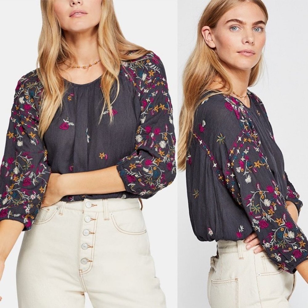 NWT Free People Wildflowers Indigo Blue Blouse Floral Top Size XS Bohemian Boho